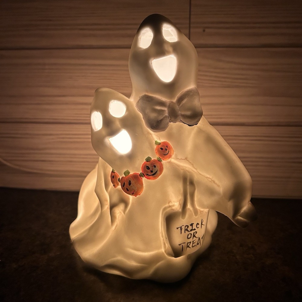 Vintage Halloween Ceramic Ghost Couple Tea Light Candle Cover Table Lamp TESTED!